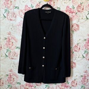 EUC St. John Basics Black Santana Knit Cardigan Gold Buttons Women’s size 14